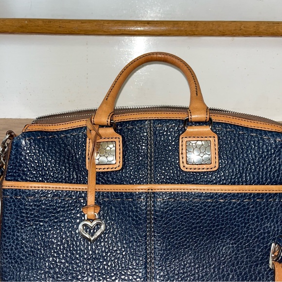 Brighton // archer domed satchel navy blue & tan pebble leather shoulder purse - Picture 2 of 9